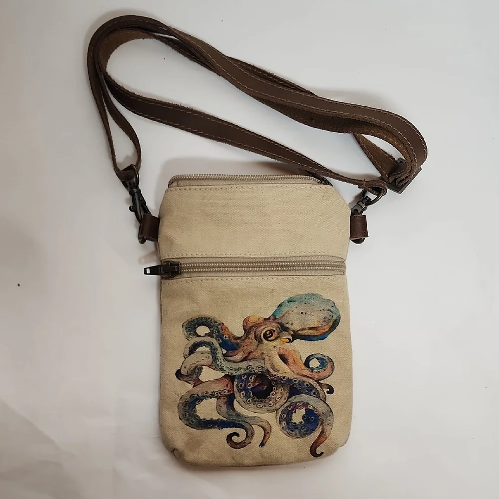 Cott n Curls Tan Canvas Octopus Print Leather Strap Crossbody Cell Phone Bag